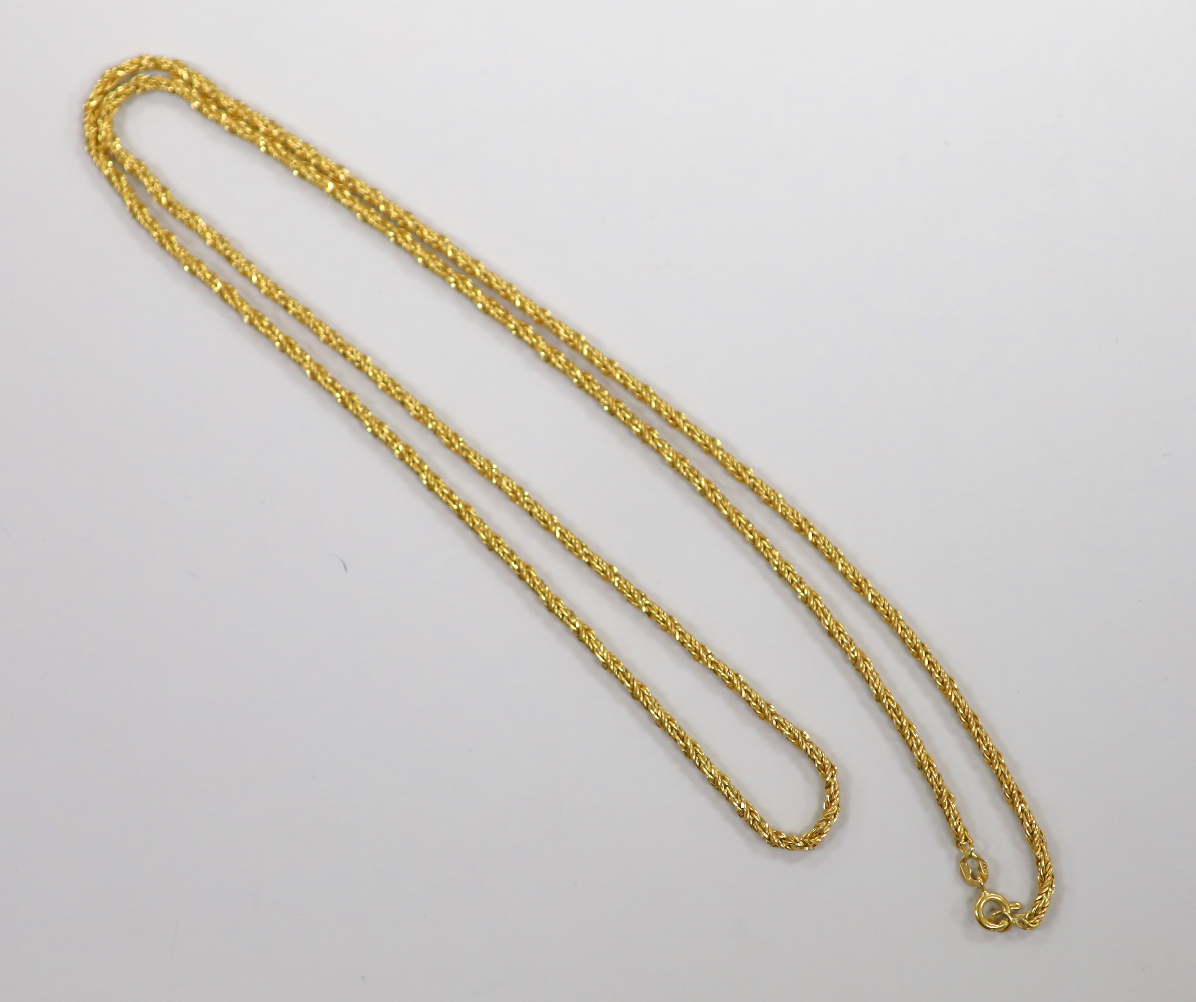 A yellow metal interwoven chain, marked ‘21K’, 78cm, 27.8 grams.